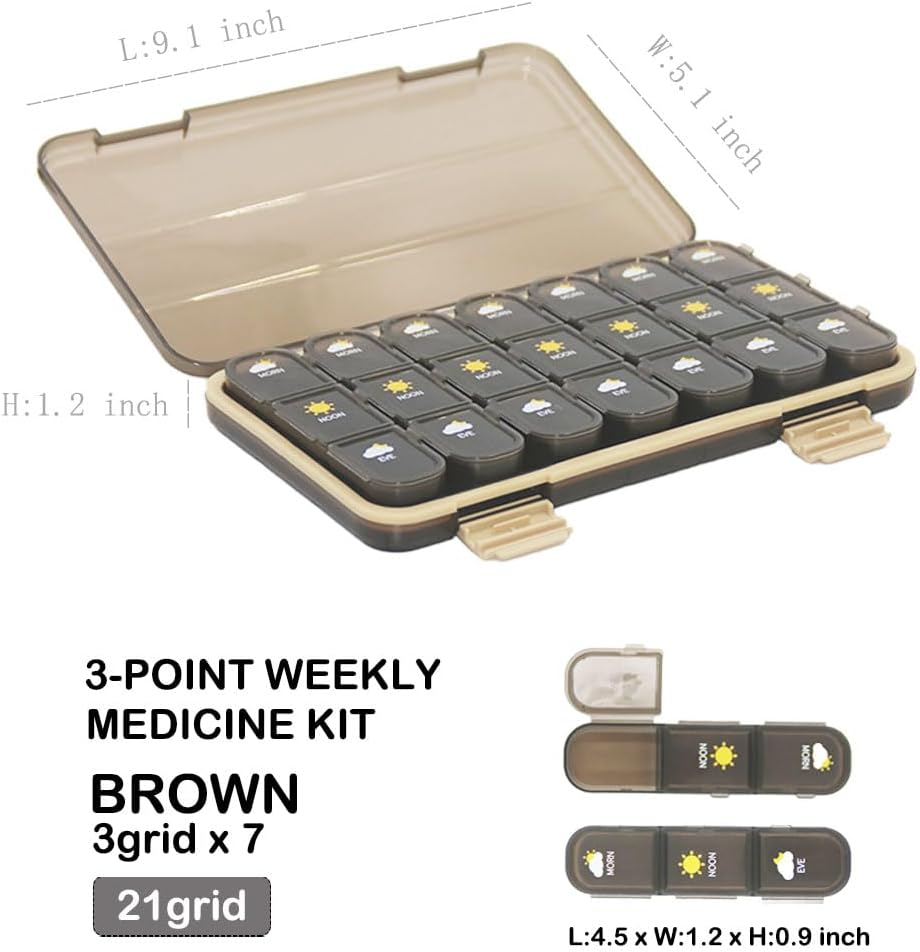 Weekly Pill Organizer, 3-Times-A-Day Pill Container 7 Day Vitamin Pill Box Portable Travel Medicine Box Medicine Dispenser Case for Vitamins Fish Oils Supplements (Brown 21 Grids) image number 5