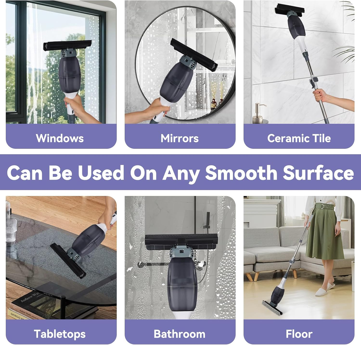 Cordless Window Vacuum Squeegee: Window Vac with Detachable Water Tank and Strong Suction, Electric Cleaning Tool for Shower Wall, Mirror, Glass, Car Windshield, Countertop, Tile image number 4