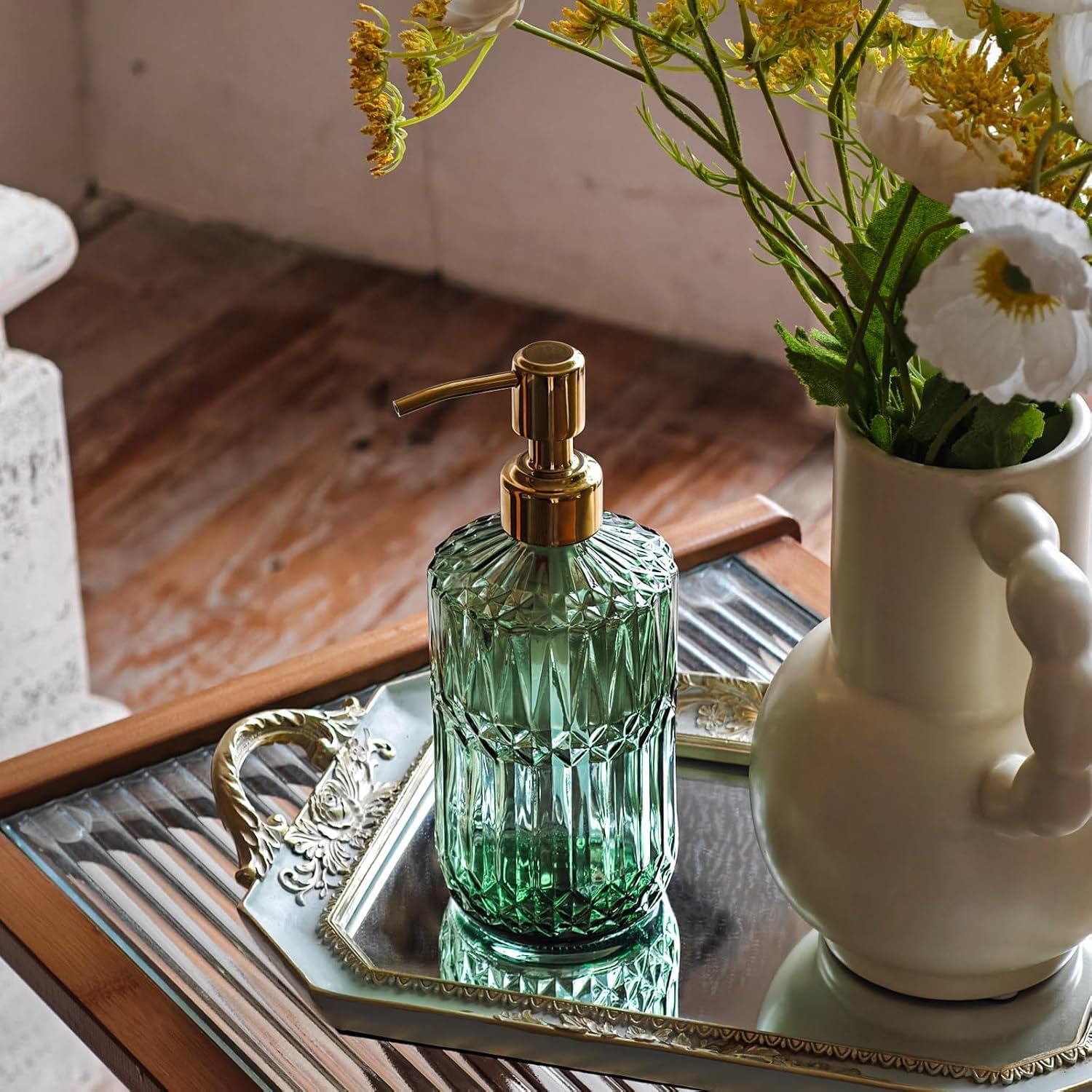 Glass Soap Dispenser 2-Pack (350ML Each) - Green with Gold Stainless Steel Pump, Refillable Kitchen & Bathroom Dispensers for Dish Soap, Hand Soap, Lotion Cottagecore Style