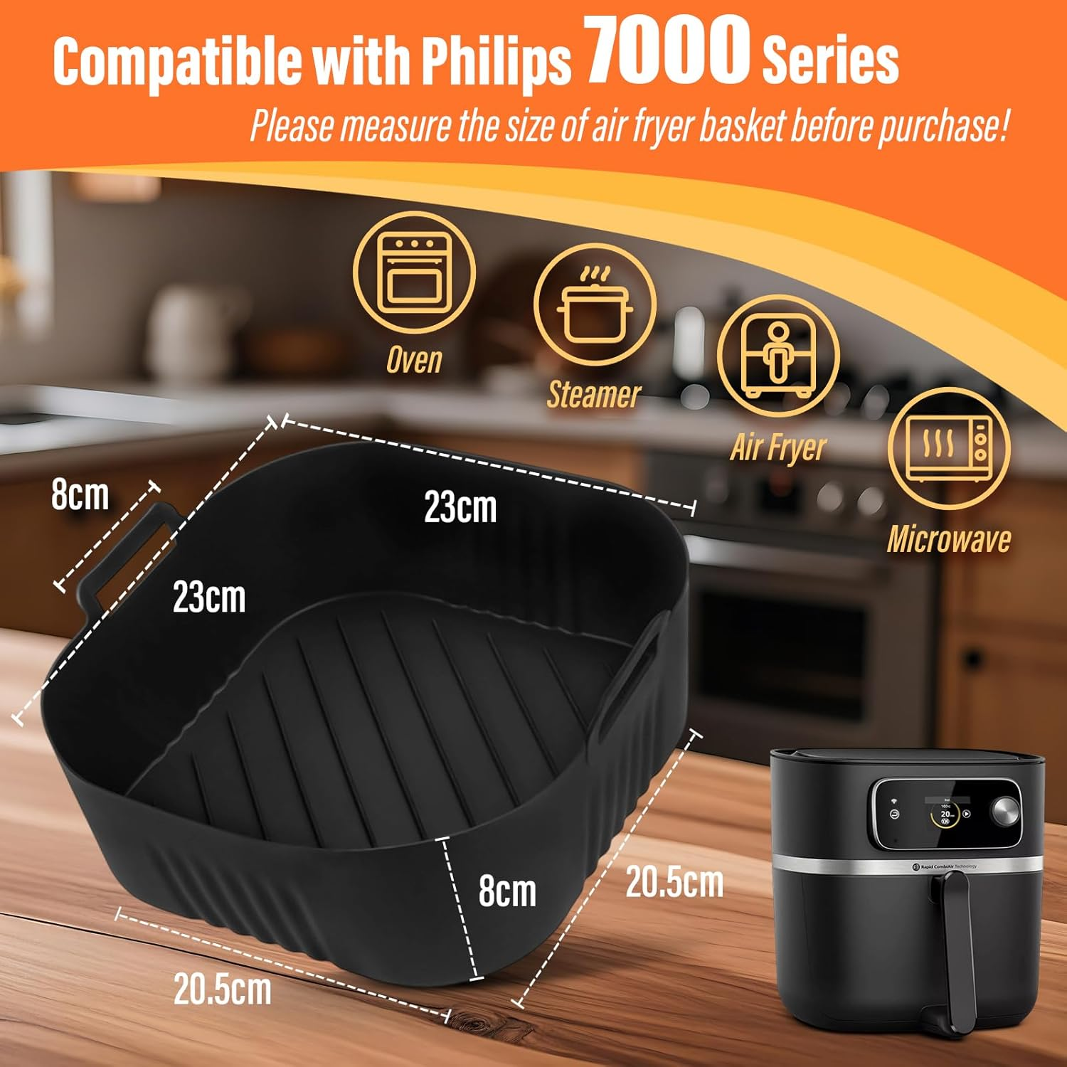 Viiotu 2 Pack Silicone Air Fryer Liners Compatible with Philips 7000 Series 8.3L, Reusable Non-Stick Square Air Fryer Silicone Liner, High Temperature Resistant Easy Cleaning Oven Accessories image number 1