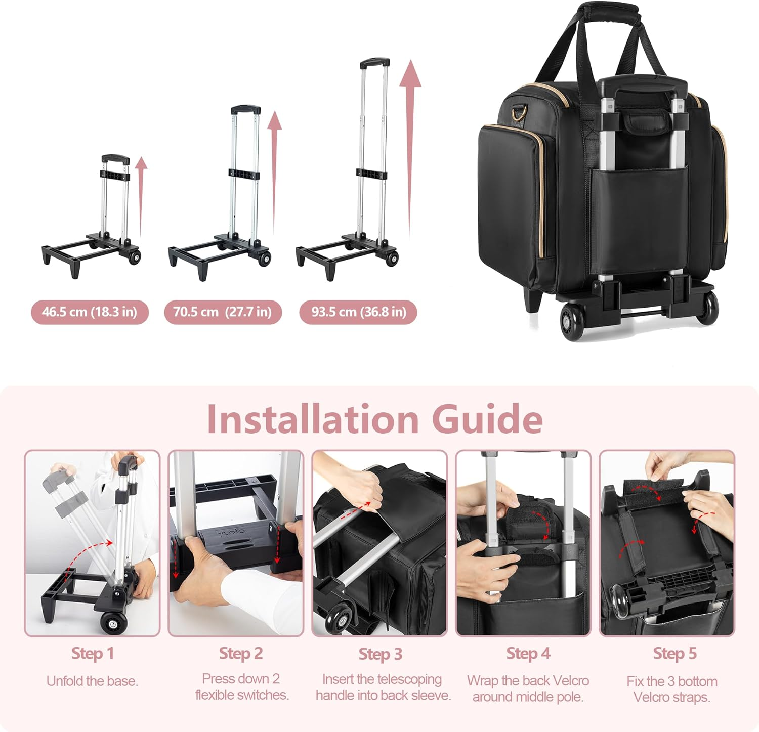 Prokva Rolling Makeup Case with 4 Removable Bags, Professional Makeup Train Case with Wheels, Makeup Artist Travel Bag with Brushes Storage Section (Patent Design), Black, Detachable Trolly Makeup - Pink image number 6