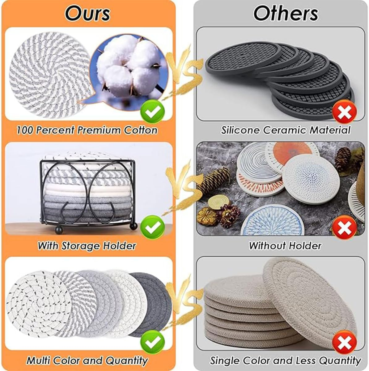 AIMALL 8PCS Nordic Cotton Rope Coasters, round Woven Insulation Mats, Thick Heat-Resistant Placemats for Kitchen and Dining, 3 Styles, 7.3 Inches - Mixed image number 2