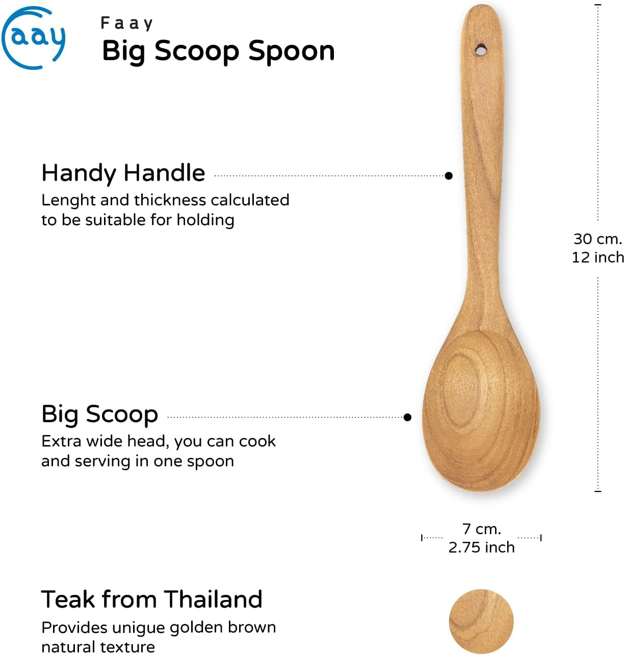 FAAY 12" Big Scoop Spoon, Wide Head, Easy for Cooking and Serving. Handcraft from High Moist Resistance Golden Teak Wood | Durable, Healthy, Ergonomic Handle for Non Stick Cookware image number 1