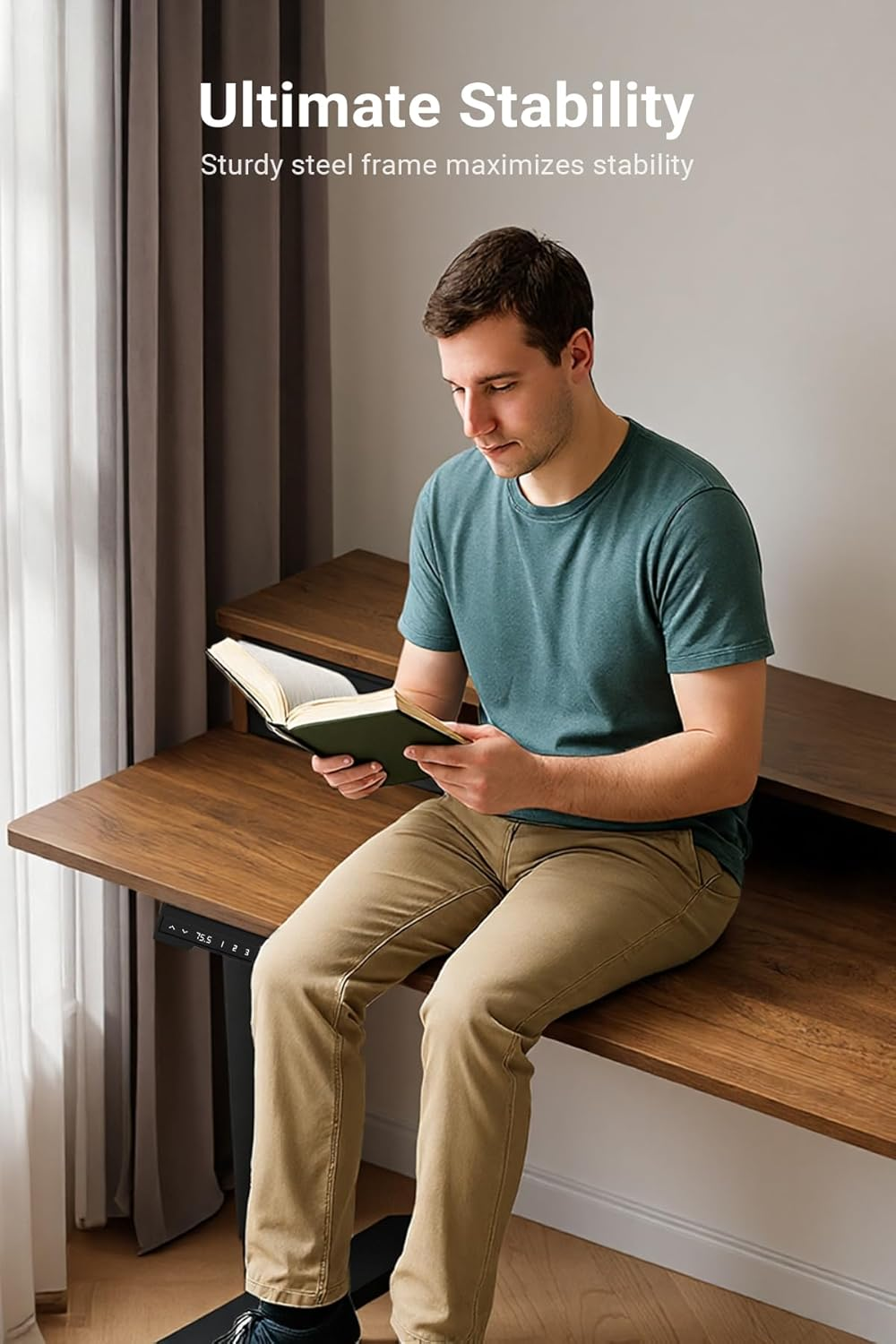 Ixtra Electric Standing Desk 100X60Cm with 2 Drawers Height Adjustable Whole Piece Desktop Storage Shelf Hook Cup Holder Cable Management Walnut image number 2