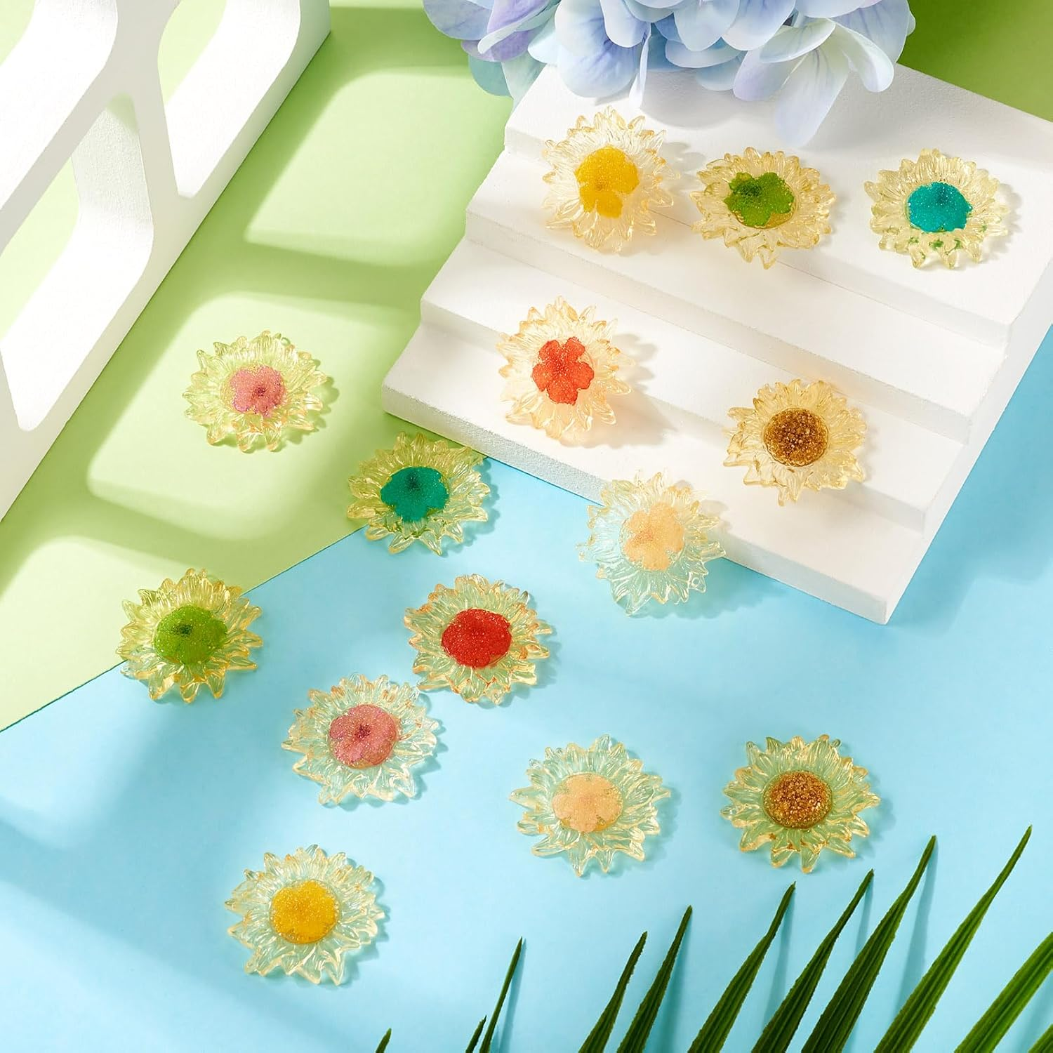 Crafans Sunflower Cabochons Resin Translucent Colorful Sunflower Daisy Cabochons Flat Flowers Embellishments for DIY Jewelry Making Scrapbooking 14Pcs - 7 Colors: Sunflower image number 6