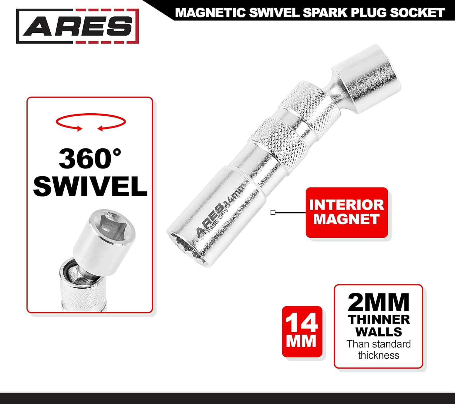 ARES 11000-14Mm Thin Wall Magnetic Swivel Spark Plug Socket - 3/8-Inch Drive 12-Point Spark Plug Socket - Walls 2Mm Thinner than Standard Spark Plug Sockets