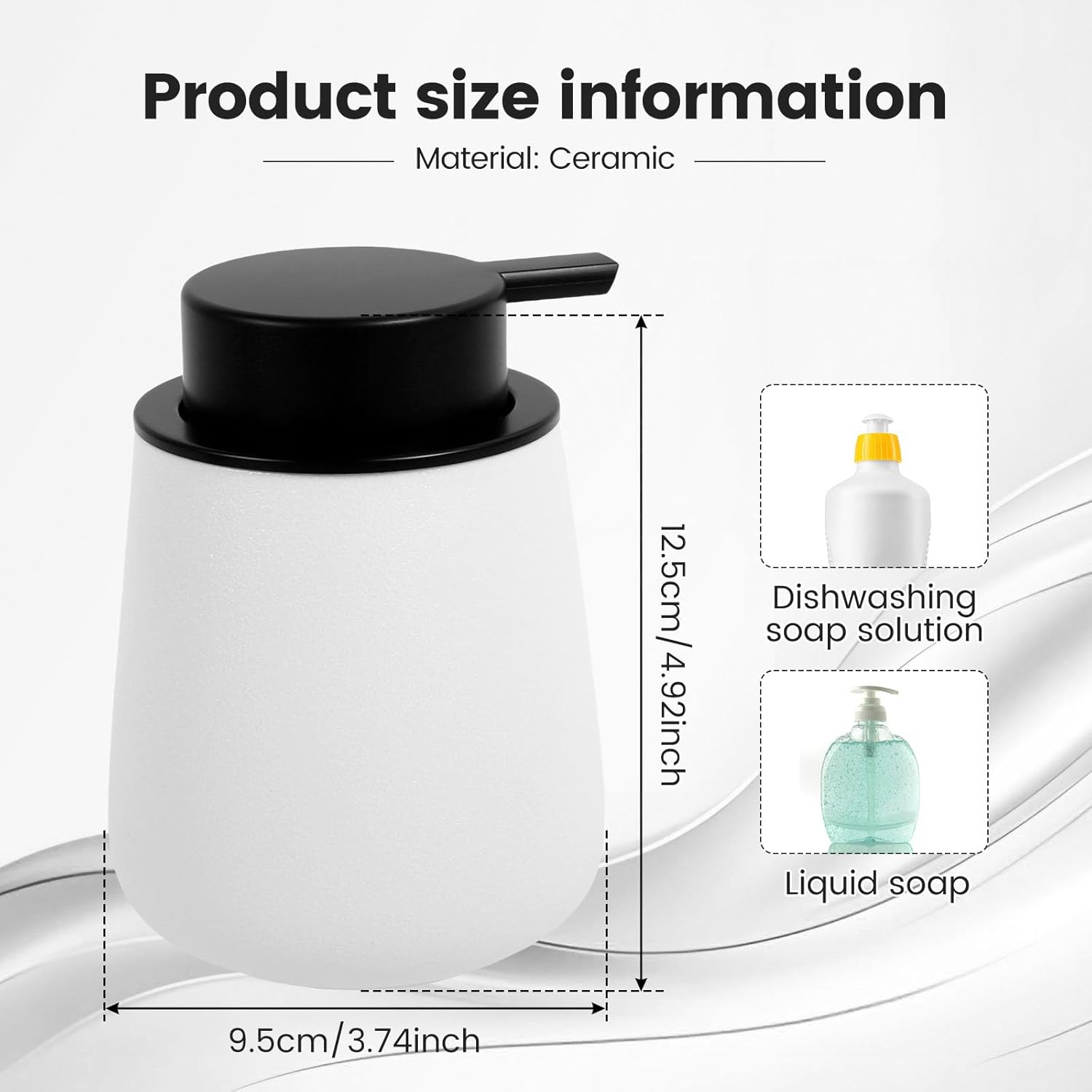 Fwqofvk Ceramic Black Soap Dispenser, Safe Ceramic Dish Liquid Dispensing Container, Lotion Soap Pump for Bathroom 12.5X9.5X9.5Cm (White)