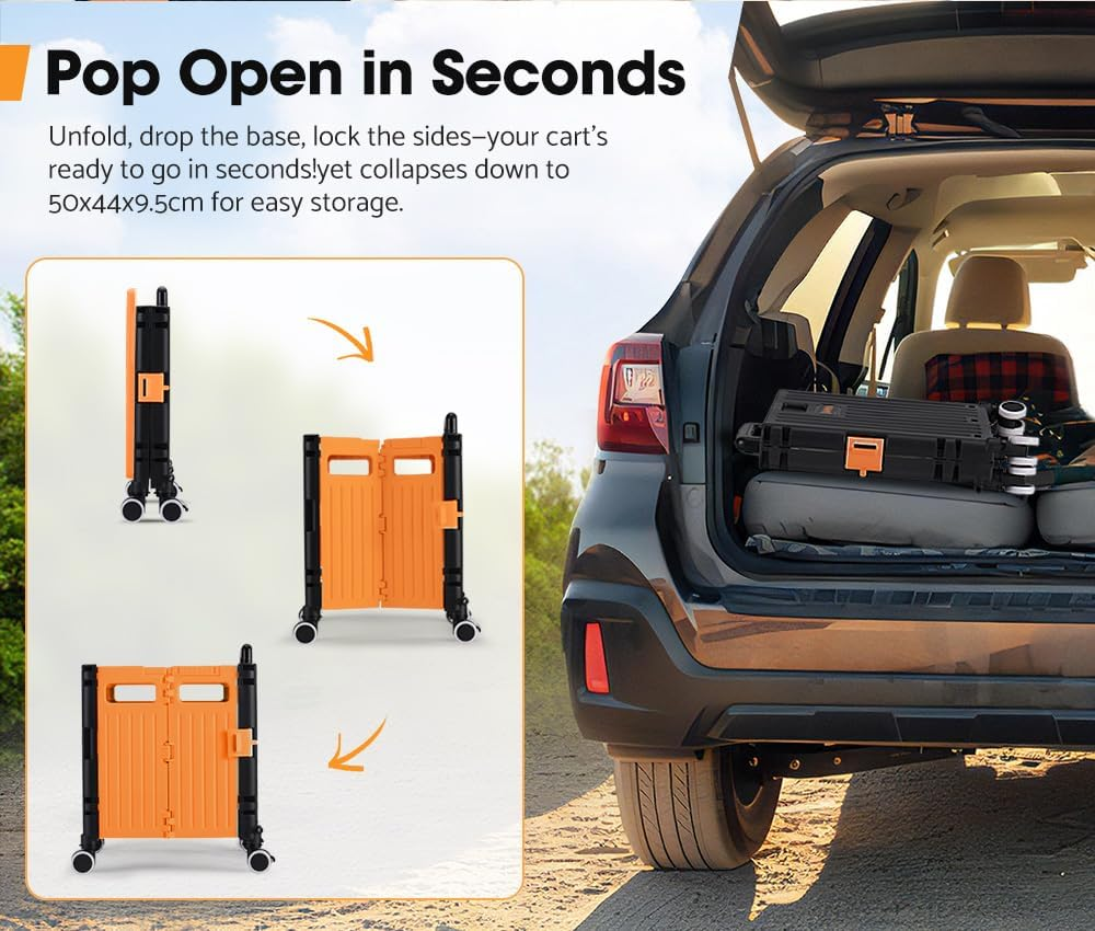 San Hima Foldable Shopping Trolley Cart Folding Trolley 70L, Crate on Wheels 360˚ Rotating (Lockable Front) W/Telescopic Handle, Durable Material, Quick Setup, Capacity 70KG, for Camping Shopping image number 2