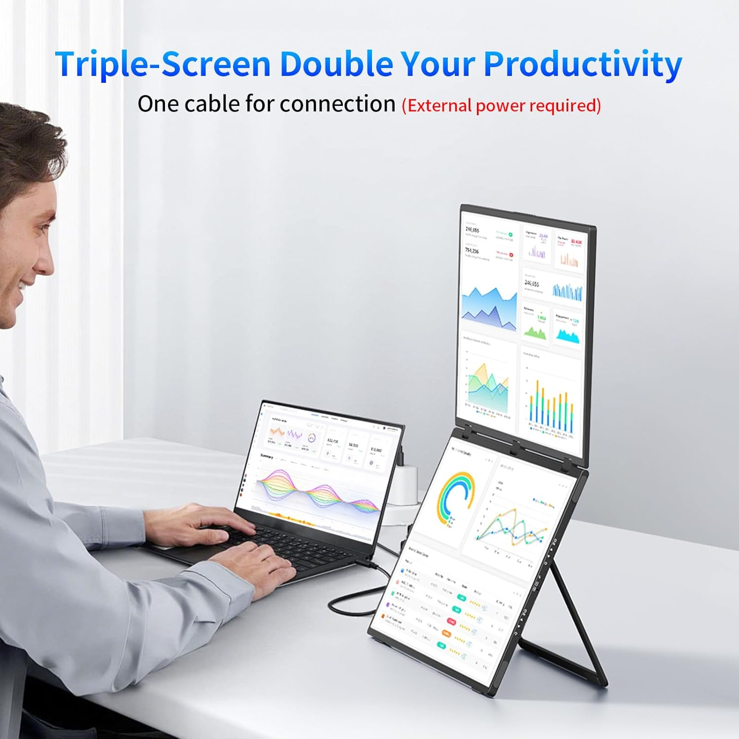 MAGICRAVEN Laptop Screen Extender, 18.5" Dual Monitors Stacked Folding Triple Monitor (Wins/Mac) 1080P 100Hz USB C Travel Extended Computer Display Triple Portable Monitor for Laptop PC Windows Mac image number 2