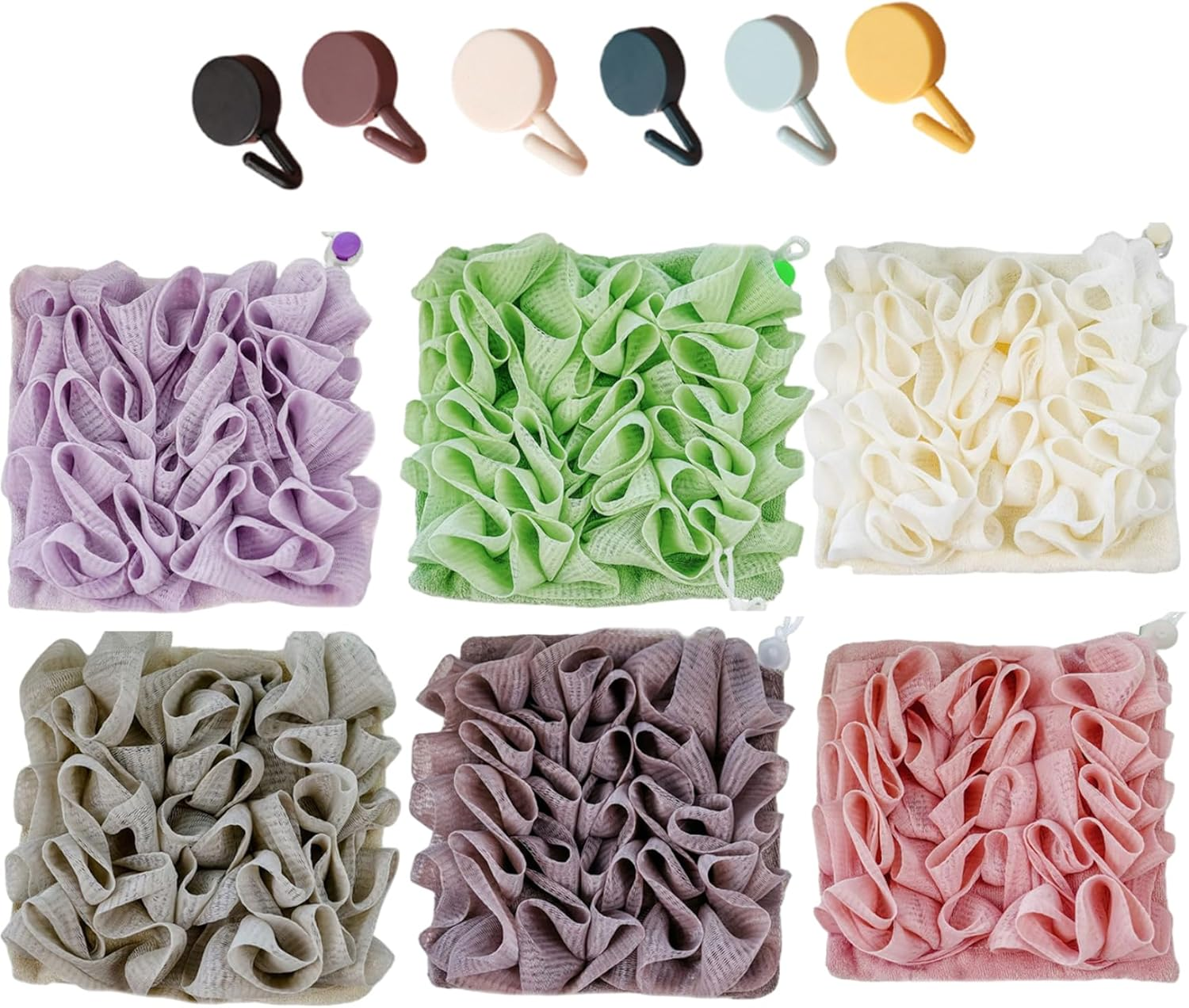 3-Pack Loofah Washcloth Set with Soap Pouch Exfoliating Bath Sponge with Drawstring Dual-Sided for Deepth Cleansing & Smooth Skin (3 Colors)