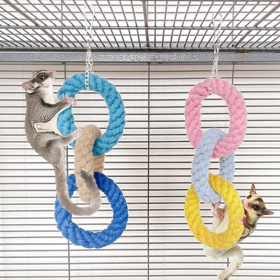 Sugar Glider Hanging Three-Ring Climbing Toys Bird Toy with Hooks Cage Hanging Pet Climbing Rope Hamster Swing Accessory (Multiple Colors, 34 * 10 * 10Cm)
