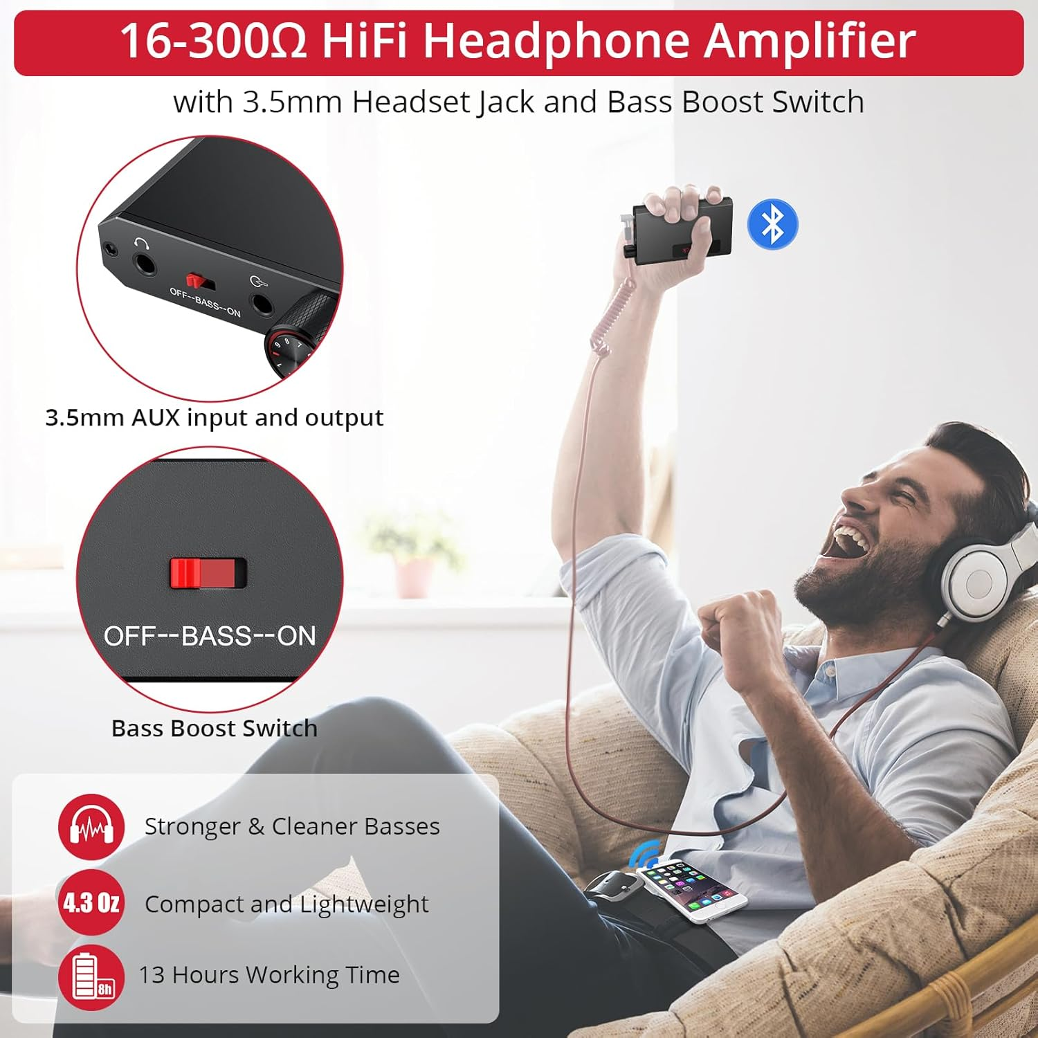 Neoteck 16-300&Omega; Headphone Amplifier Bass Adjustment+ Bluetooth 5.1 Headphone Amplifier Interface 3.5 Mm Portable Type C Extended Battery Life Compatible PC Smartphone Music Player Audio Video Player image number 5