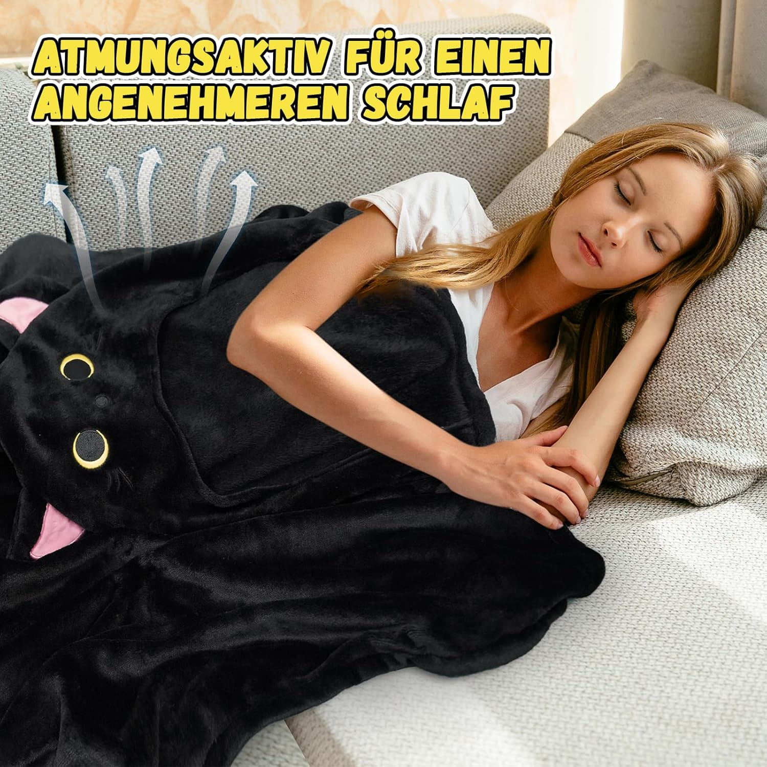 MUFEIRUO Portable Blanket, Black Cat Portable Hooded Blanket, Cosy Flannel Fleece Hoodie Throw Coat Wrap for Winter image number 1