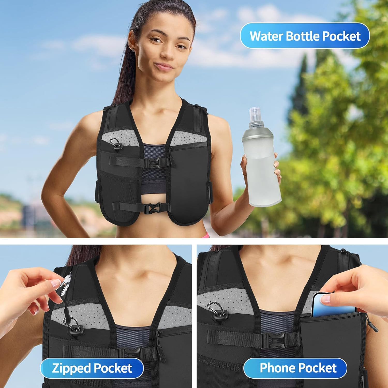 Running Vest for Men Women, Reflective Hydration Vest with Phone Holder and Bottle Pocket image number 3