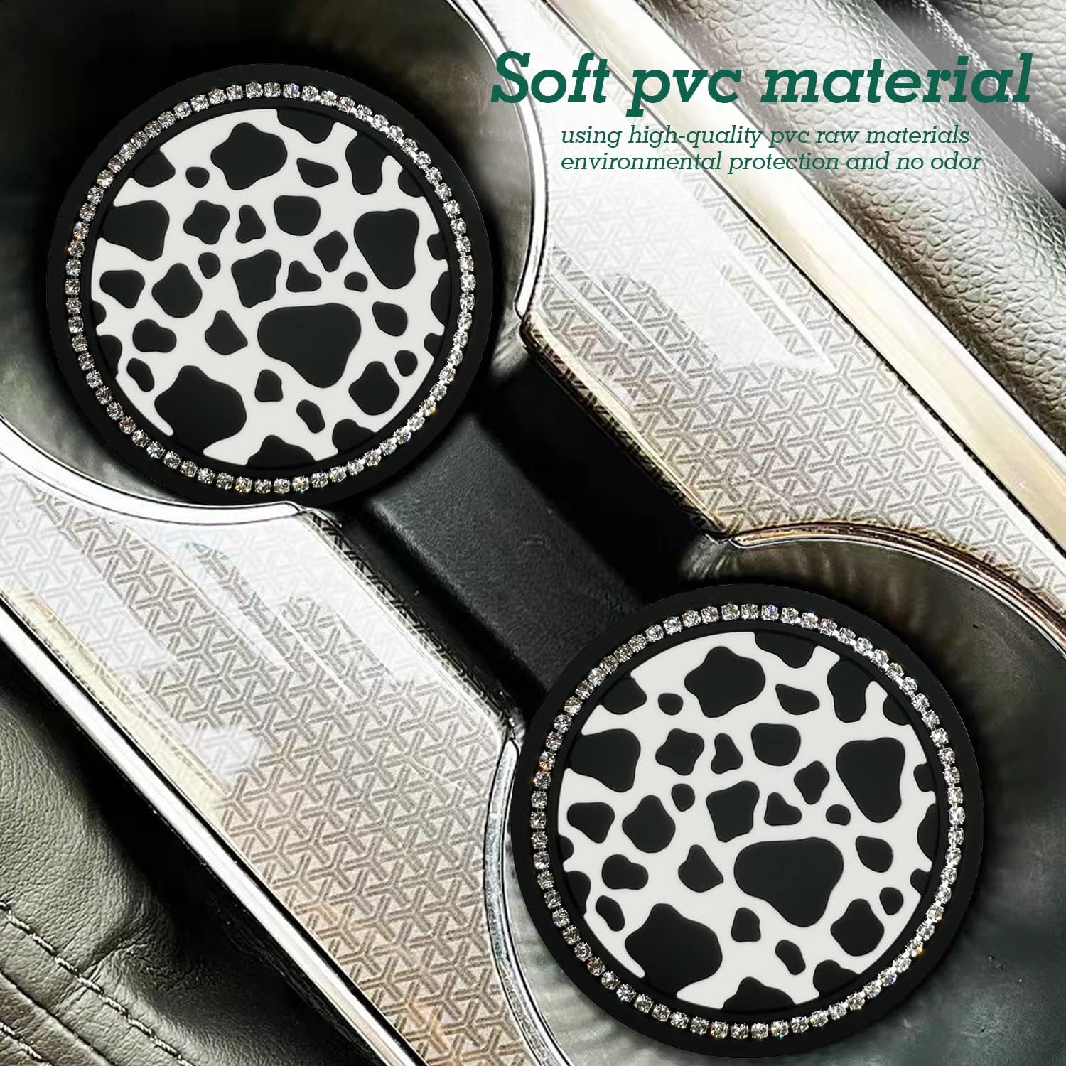 2PCS Bling Cow Print Car Accessories for Women, Universal Auto Cute anti Slip Cup Holder Insert Coaster image number 3