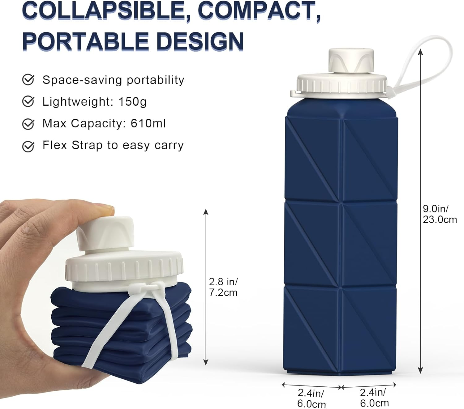 Collapsible Water Bottles, BEAUTAIL Silicone Foldable Portable Water Bottle 610Ml, Lightweight Reusable Leakproof for Travel Camping Hiking Cycling Yoga Sports Outdoor, 1 Pack (Darkblue) image number 5