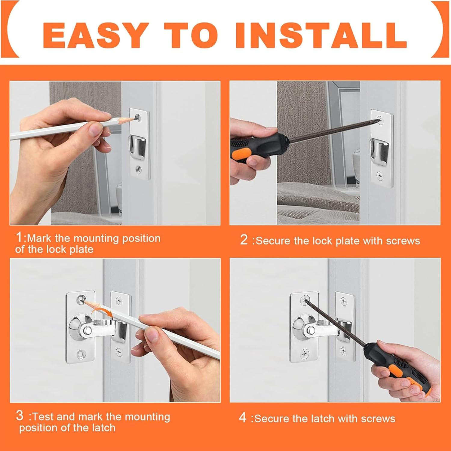 Stainless Steel Right Angle 90 Degree Door Buckle,Mini Size Door Lock,Outward Opening Door Security Lock,Protect Privacy - Security Door Latch,Heavy Duty Security Screen Door Latch (2, Silver) image number 2