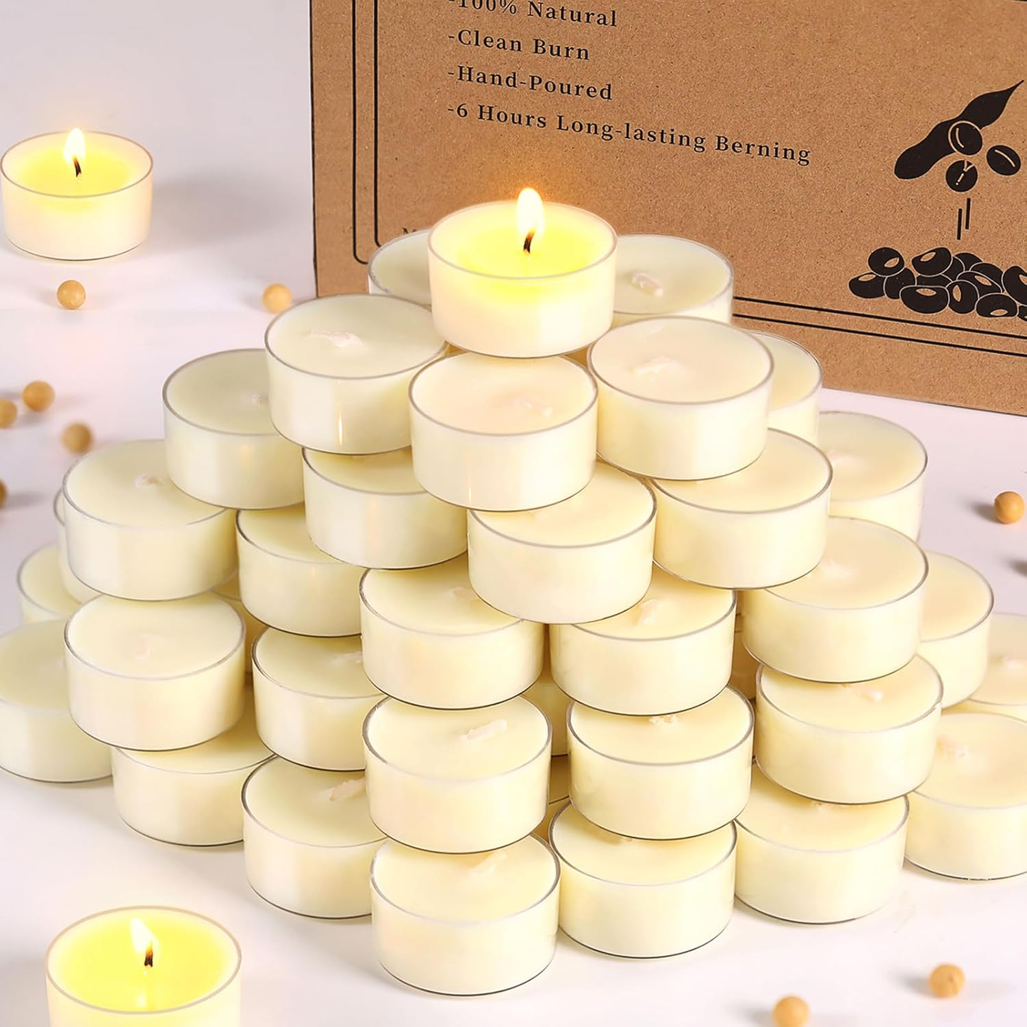 Simeitol 100 Pcs Soy Wax Tealight Candles (6 Hour Burn Time) White Unscented Votive Candles, Smokeless & Extended Burn Time Clear Cup Tea Lights for Weddings, Home, Emergencies image number 6