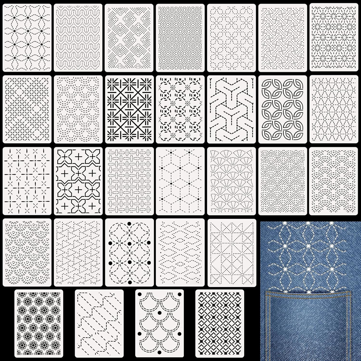 Affrolling 30 Pcs Plastic Sashiko Stencil 4.7 X 4.7 Inch Geometric Sashiko Pattern Template Drawing Line Quilting Stencil Embroidery Pattern Stabilizers for Sewing Hand Quilting and Embroidery image number 4
