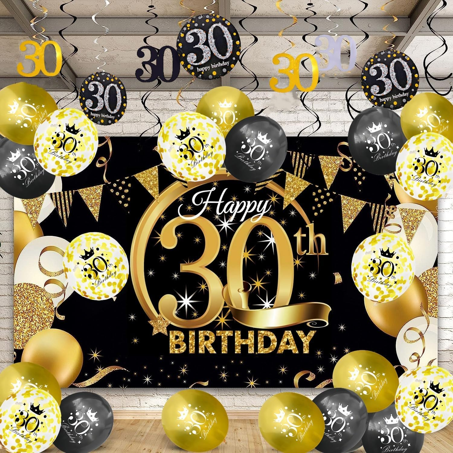 Happy Birthday Party Decorations Kit - Black Gold Glittery Backdrop Banner, Balloon, Hanging Swirls for Men Women (30Th) image number 1