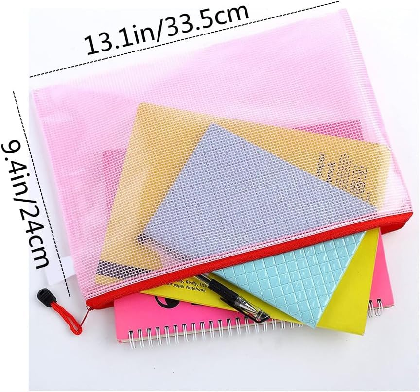 10Pcs A4 Mesh Zipper File Bags,Reusable File Folders Waterproof Document Bags,5 Color Zipper Bags for School Office Supplies, Home and Business Travel image number 4
