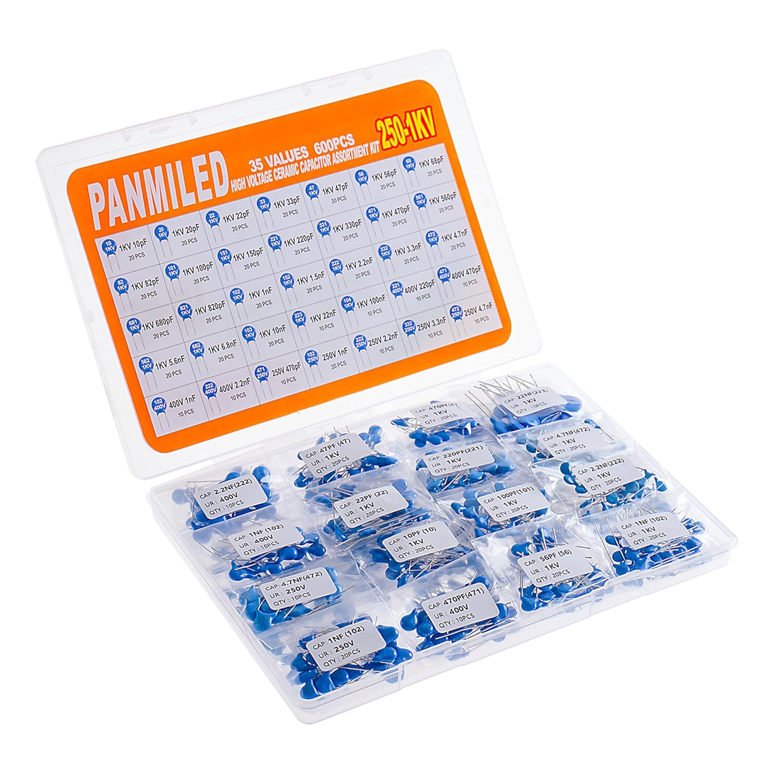 PANMILED 35 Values 600 Pieces High Voltage Ceramic Disc Capacitor Assortment Kit (Capacitor Range : 10Pf~100Nf) (250V 400V and 1KV) image number 4