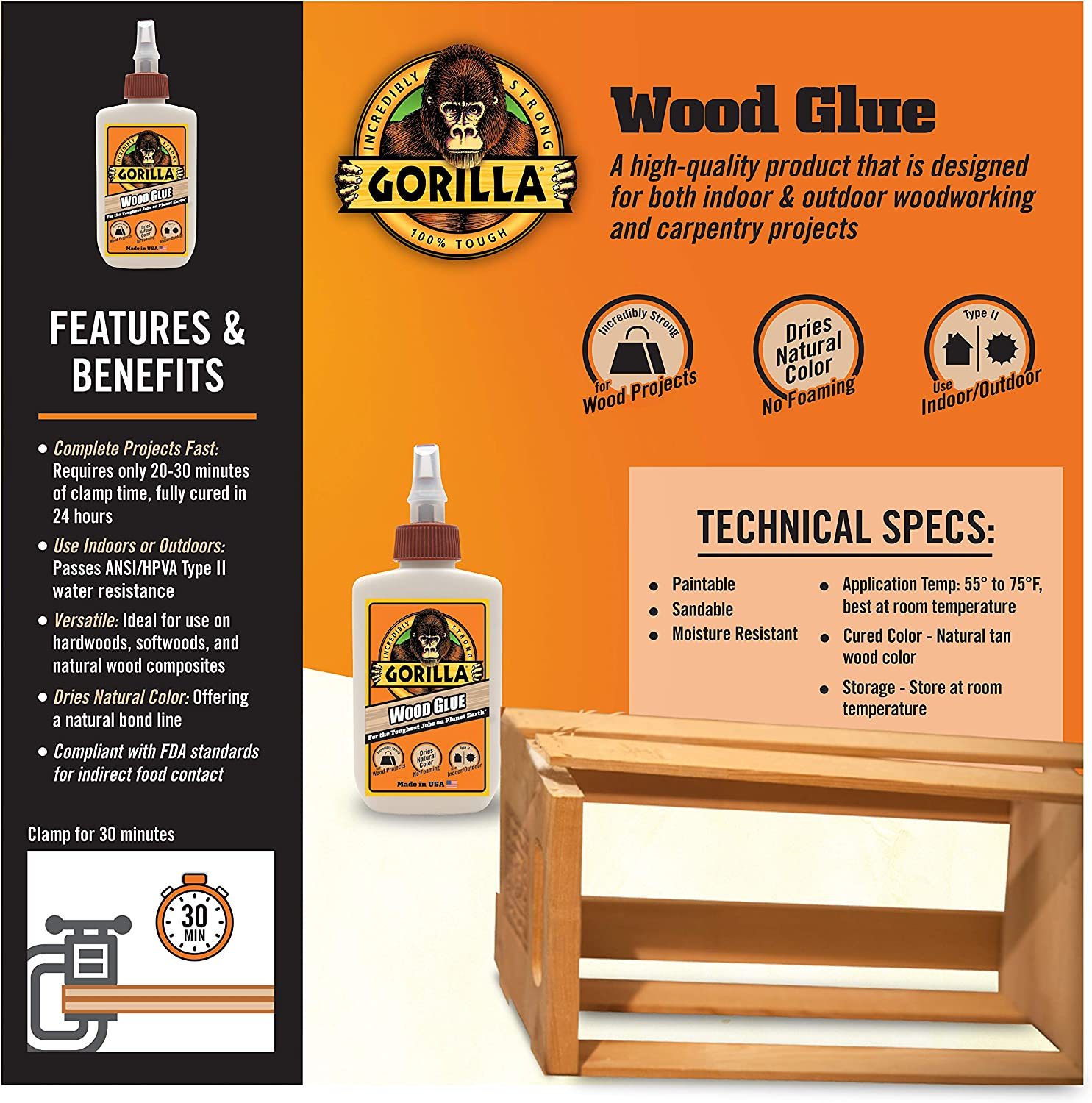 Gorilla Glue Wood Glue, Indoor & Outdoor Carpentry Projects, Paintable, Sandable, Moisture Resistant, Clamping, Natural Color, 118Ml/4Oz (Pack of 1), GG41024 image number 5