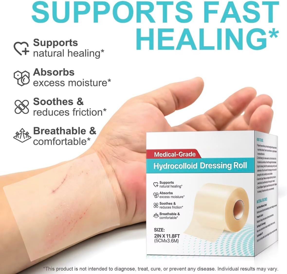 Hydrocolloid Dressing Roll 2In &times; 11.8Ft (5Cm &times; 3.6M) &ndash; Self-Adhesive Waterproof Film &ndash; Medical-Grade, Flexible & Cut-To-Size Dressing Tape for Blisters, Acne, Cuts & Daily Skin Protection &ndash; One Roll by MAYN image number 2