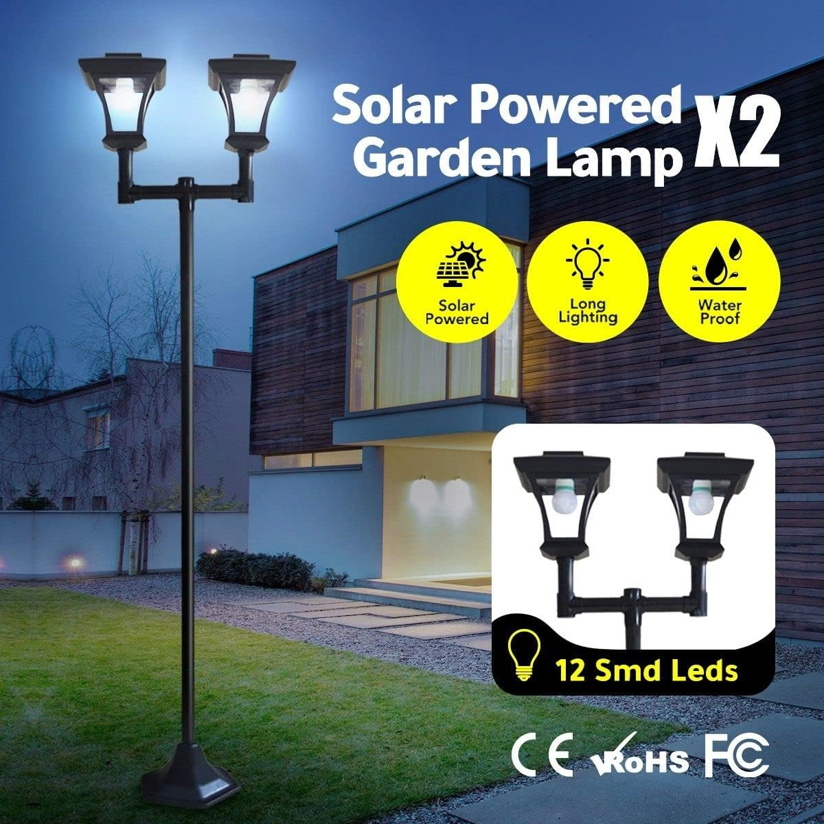 2 Pack 180Cm Solar Lamp Post Lights Outdoor with Double Lamp, Waterproof Solar Powered Street Lights for Garden, Pathway, Driveway, Front/Back Door, Warm White Light, Replaceable Bulb image number 5