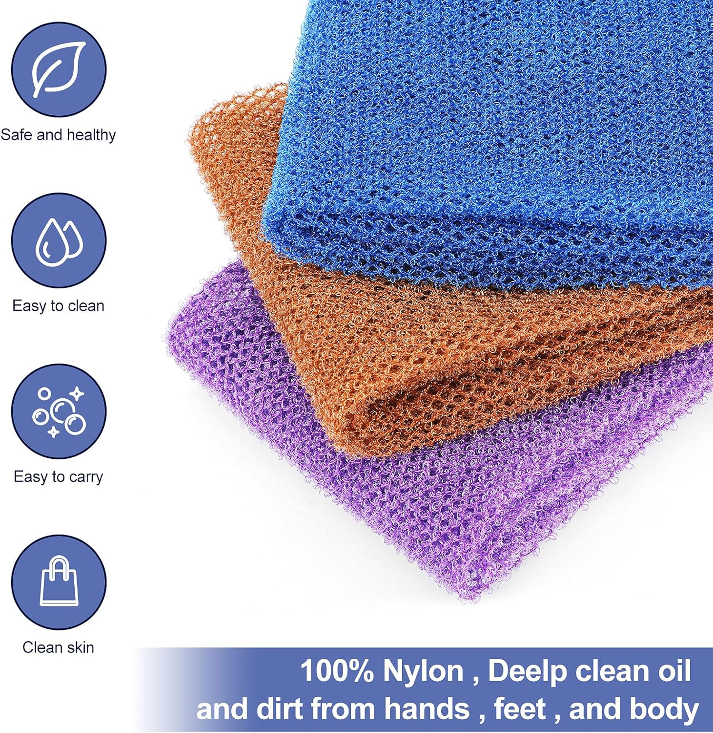 Tegeme 3 Pieces African Net Sponges Back Scrubbers Bathing Exfoliating Smoother Long Nylon Net Body Shower Loofahs Cloth with Pull Strap for Women Men Daily Handles Washcloth Wash Purple Blue Coffee image number 3