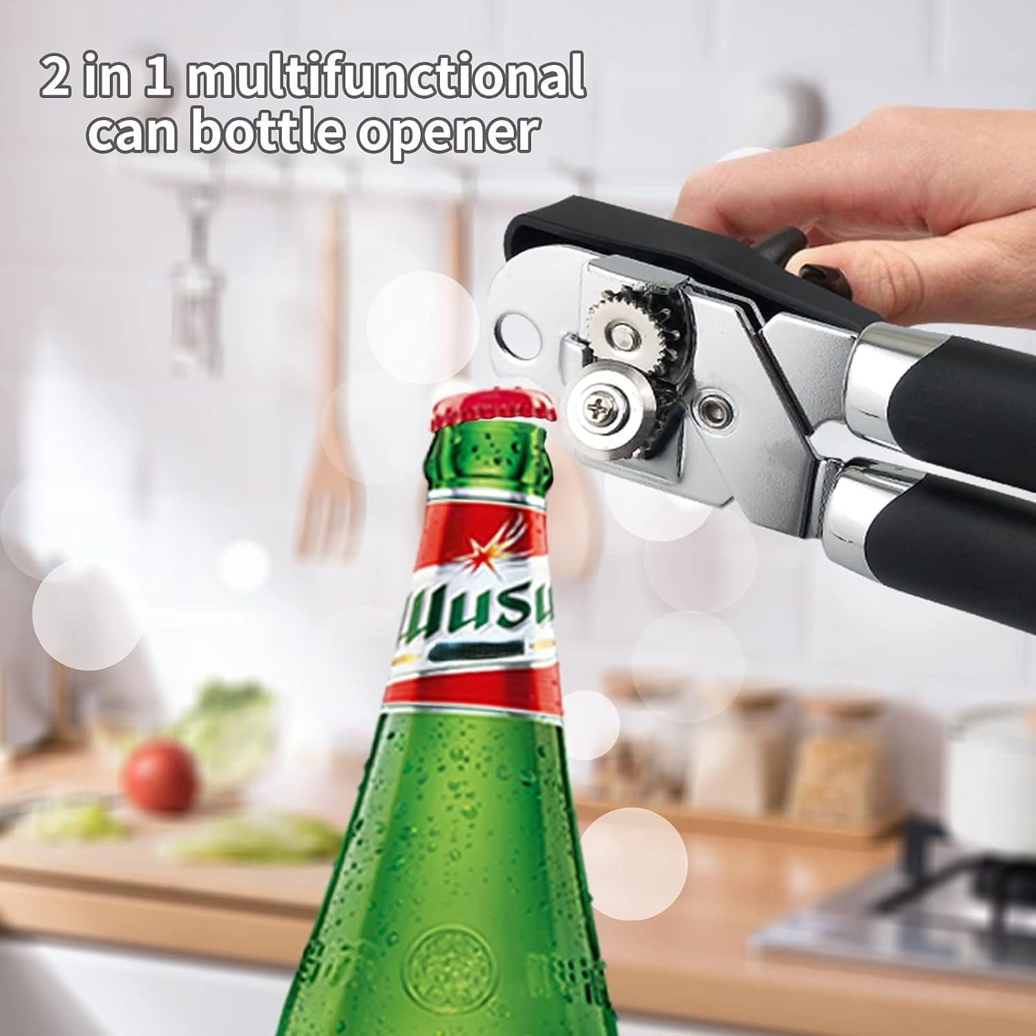 Can Opener Manual, Stainless Steel Handheld Heavy Duty Can Opener, Sharp Blade Smooth Edge, Comfortable Handle, Can Openers with Multifunctional Bottle Opener image number 4