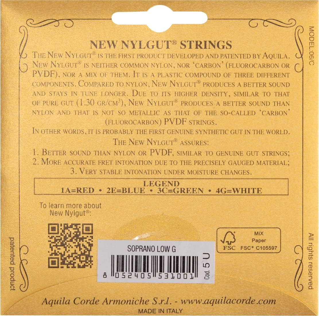 Aquila 5U Aquila Soprano Ukulele Set, Deep G Tuning 5U, New Nylgut, Key of C, GCEA, G String, String Length 60 Cm