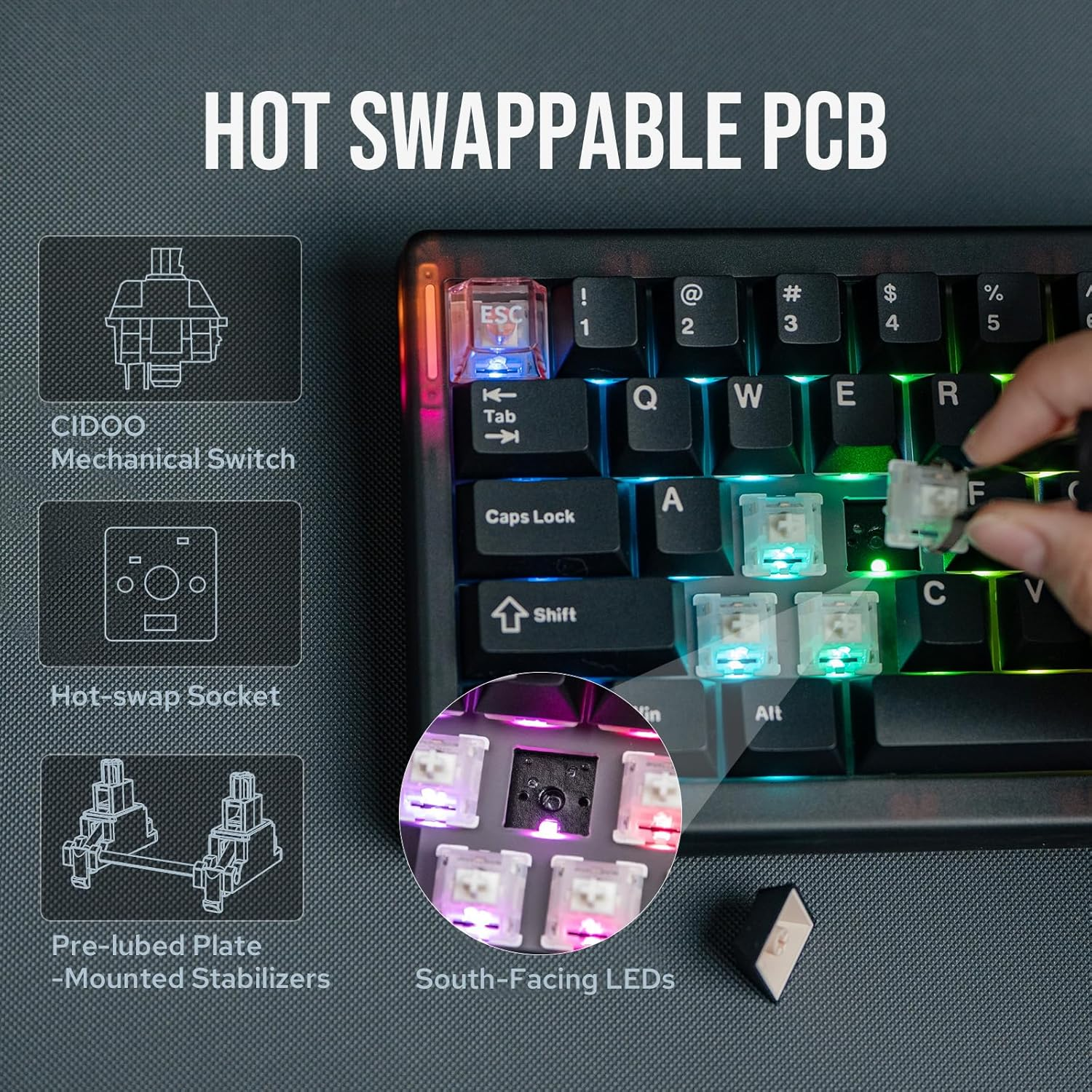 Mechlands CIDOO QK61 via Programmable 60% Compact Keyboard, Wireless Gaming Keyboard, Hot Swappable Custom Keyboard, Gasket Mechanical Keyboard with PC Plate, RGB, 3000Mah Battery for Win/Mac (Black)