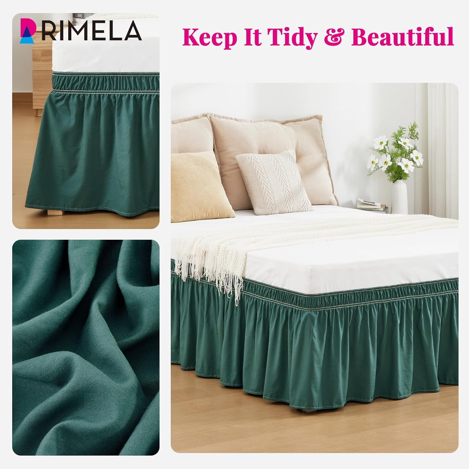 RIMELA Emerald Green Bed Skirt Queen Size 18 Inch Drop, Wrap around Elastic Bedskirt, Dust Ruffle for Adjustable Bed Base Machine Washable Easy to Install Bed Skirts image number 2