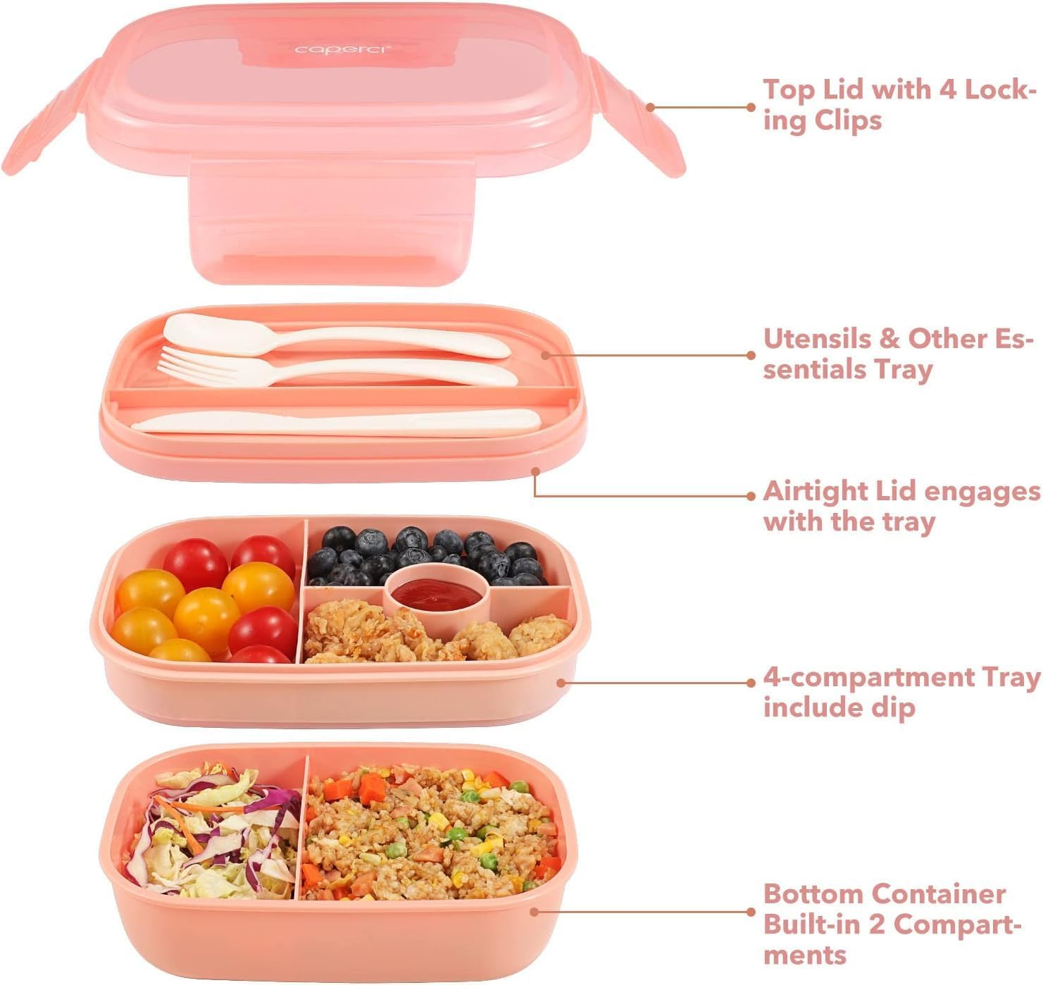 Uandhome Bento Box Adult Lunch Box ，72Oz Stackable Bento Lunch Box for Adults, 3 Layers Bento Lunch Containers Leak-Proof Lunchbox with Utensil Sauce Dressing Containers for Dining Out,Work (Pink)