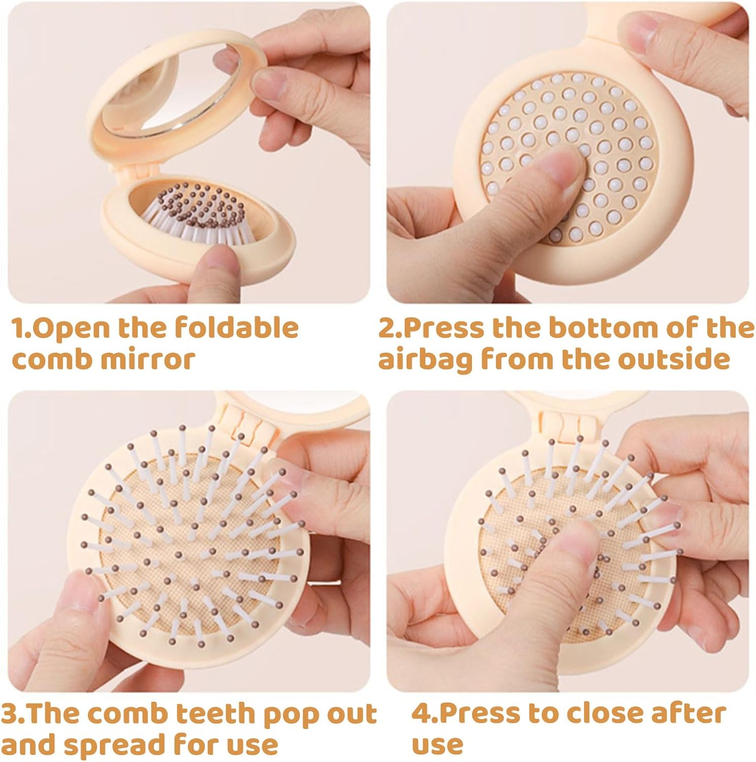 Muorruo Mini Travel Hairbrush for Kids, round Folding Mirror and Small Hairbrush for Boys and Girls, Baby Detangling Brush, Massage Hairbrush with Air Cushion for Thick Hair (Beige) image number 5