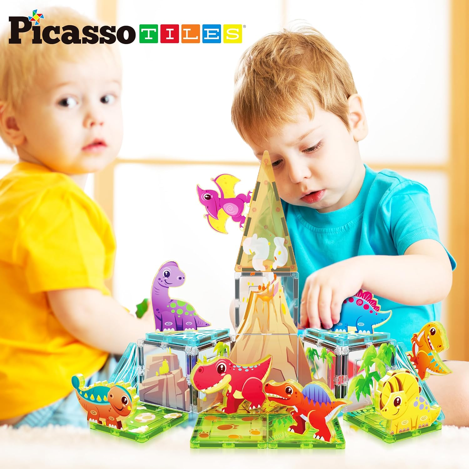 Picassotiles Magnet Tile Building Blocks Dinosaur World Themed Playset with 8 Animal Character Action Figures Magnetic Tiles STEM Learning Pretend Play Toy Construction Set Boys Girls Ages 3+ PTQ23 image number 1