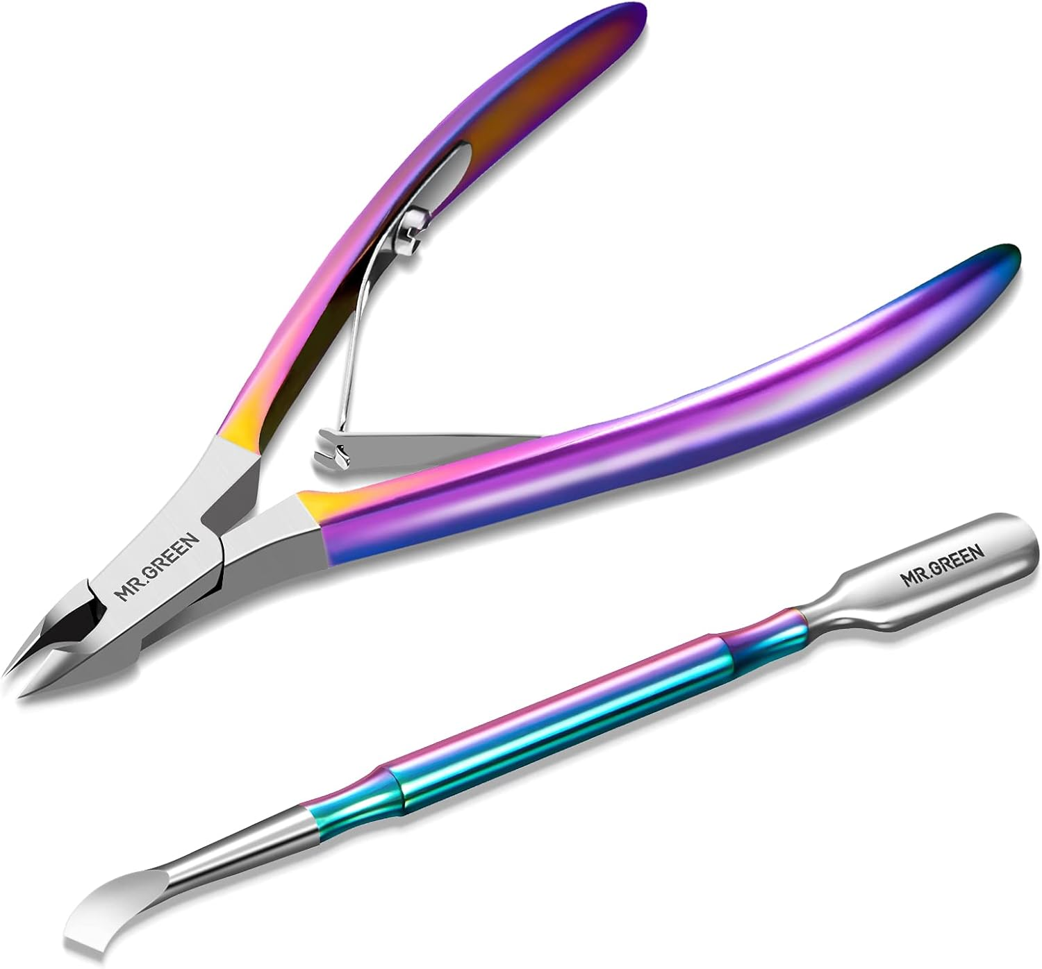 MR.GREEN Cuticle Nippers Gorgeous Colorful Cuticle Scissors Nail Manicure Clippers Trimmer Dead Skin Remover Cutters Beauty Tool (Colored Titanium+Pusher)