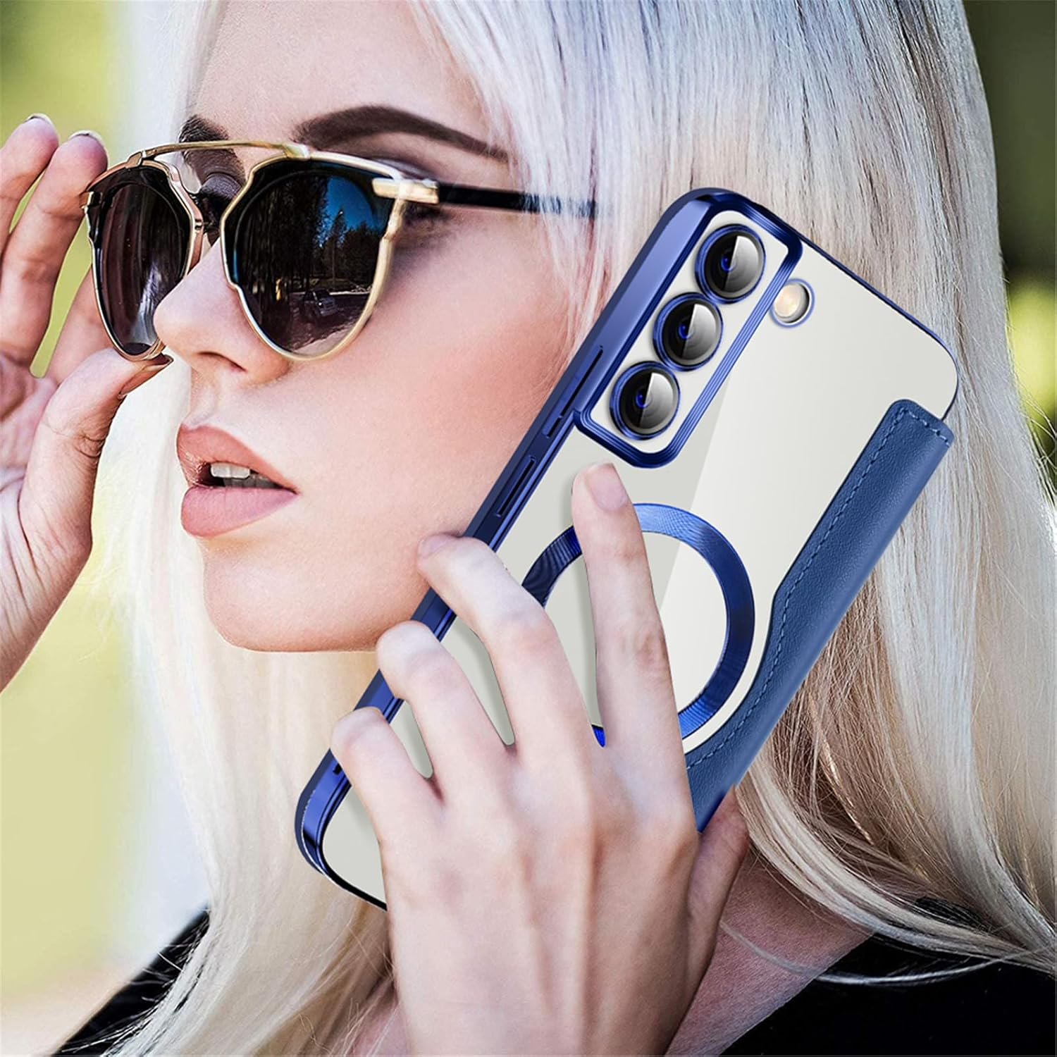 IMEIKONST Magnetic Case for Samsung Galaxy S23 plus Compatible with Magsafe, Premium PU Leather Flip Card Holder, Clear Shockproof Protective Mobile Phone Case for Samsung S23 Plus. Dark Blue JDCX