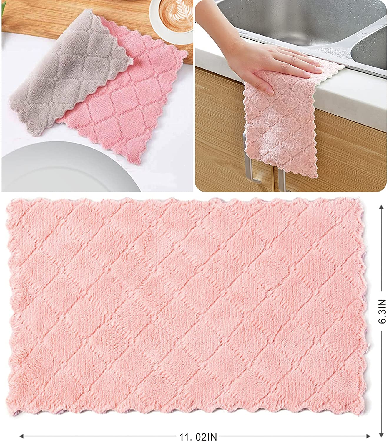 12 Pack Kitchen Towels Quick Dry Washcloths, Coral Velvet Dishtowels Multipurpose Reusable Dish Cloths, Soft Tea Towels Absorbent Cleaning Cloths Double-Sided Microfiber Towel Lint Free Cleaning Rags. - Pink image number 3