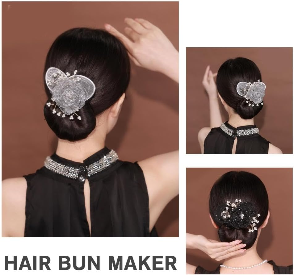 PLGEBR Hair Bun Maker,Hand Embroidered Flowers Deft Bun,Floral Design Dotted Bun Maker,Exquisite Bun Maker for Long Hair,Women Mesh Ballet Hair Styling Accessories