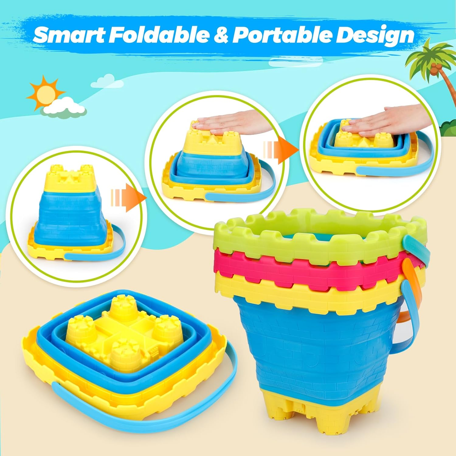 3L Collapsible Bucket, Foldable Pails 3 Packs for Easter Basket Gift, Easter Basket Bucket for Kids Adults, Multi-Use Household Beach Sandbox Pool Cleaning Camping Buckets Travel Toy image number 2