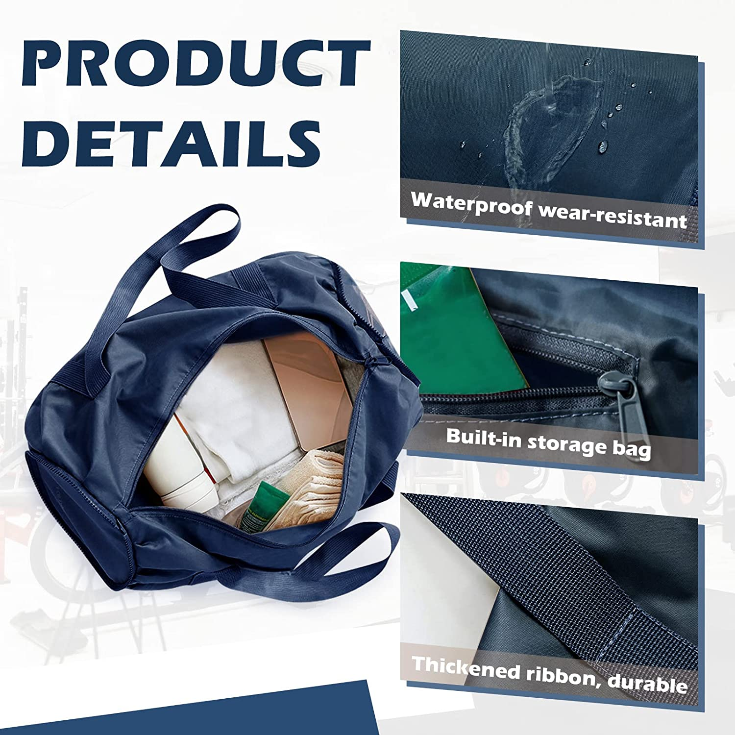 Foldable Sports Gym Bag with Wet Dry Pocket, Ultralight Travel Bag, Large Capacity Duffel Bag, Splash Proof Carry on Bag, Overnight Bag, Weekender Bag for Travel, Beach (Blue) - Black image number 7