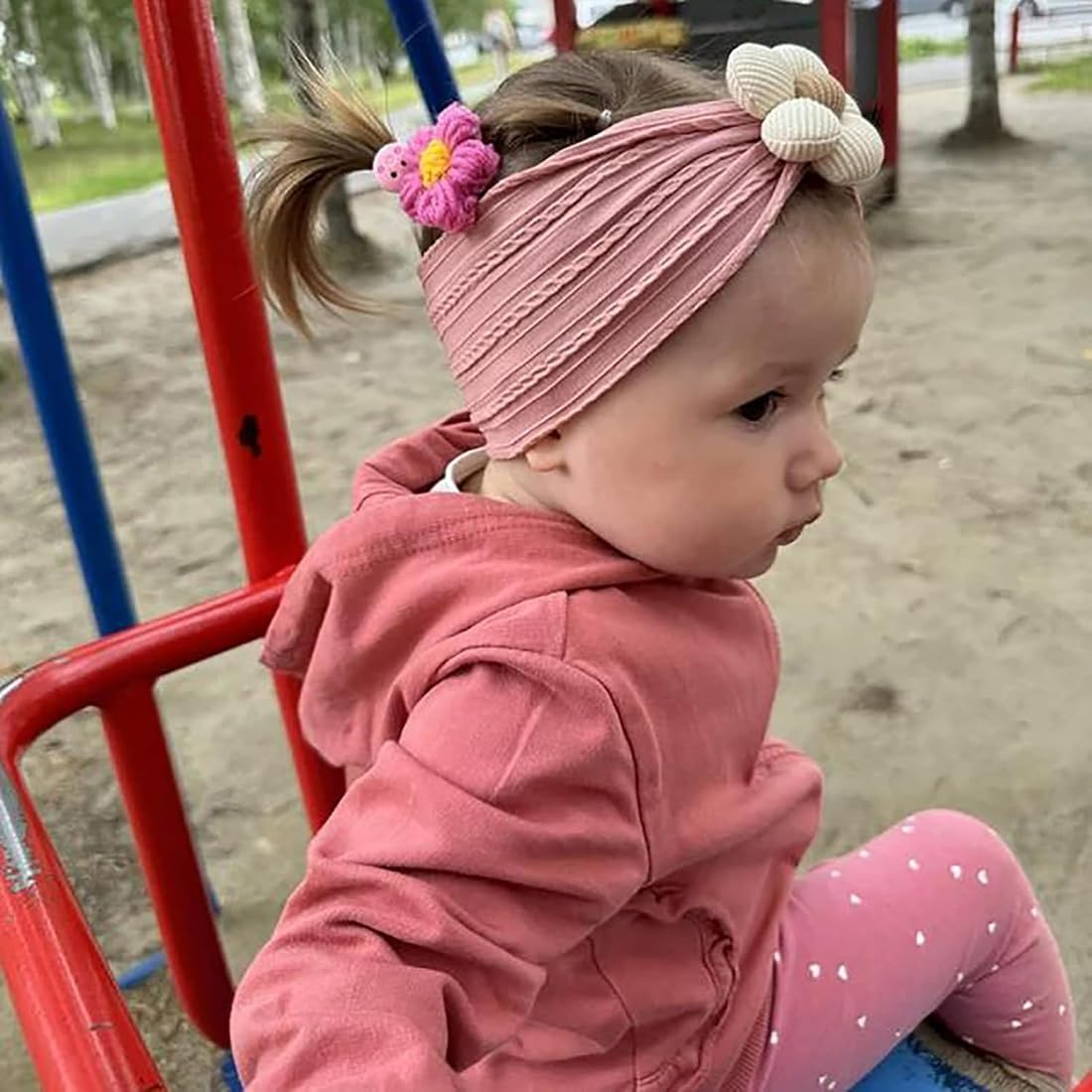 3Pcs Baby Girls Flower Headbands, Soft Elastic Baby Nylon Hairbands Baby Flower Headbands, Stretchy Handmade Hairbands Headwrap Hair Accessories for Newborn Infant Kids（Beige Pink Khaki） image number 1