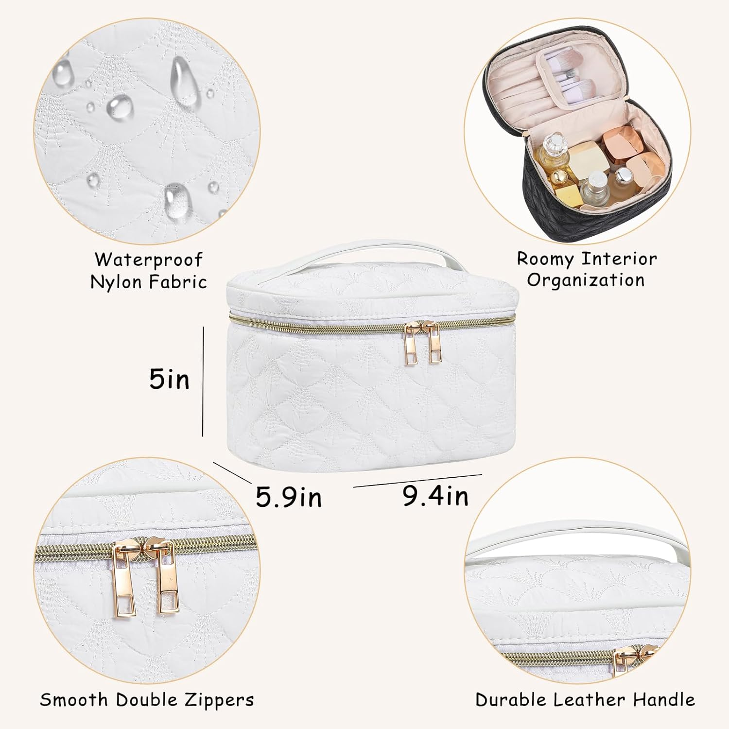 DDPOND Medium Size Quilted Makeup Bag with Brush Compartment, Coastal Granddaughter Cosmetic Bag, Seashell Portable Travel Toiletry Pouch（02White）
