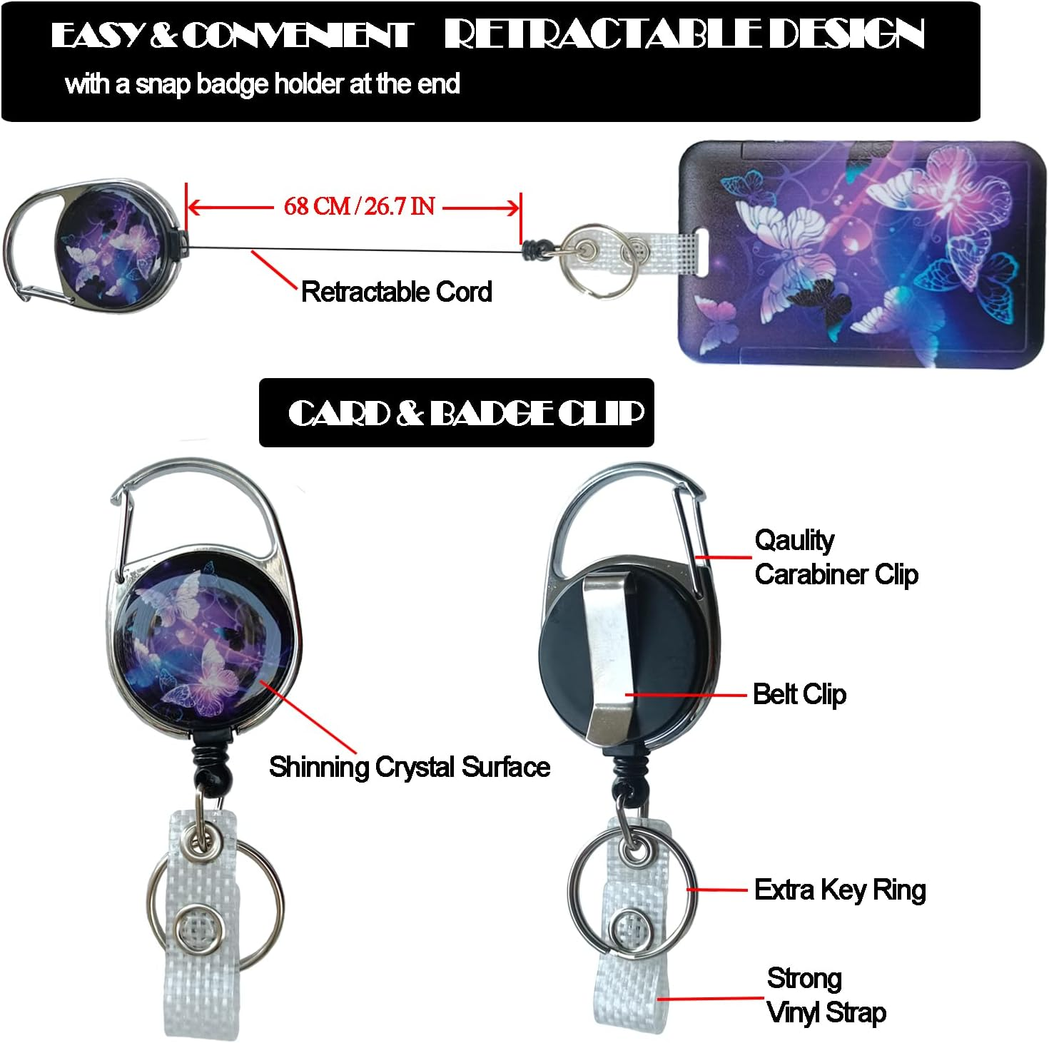 Purple Butterfly Retractable ID Badge Holder with Detachable Lanyard, Fashionable Badge Reel Heavy Duty with Carabiner Clip Lanyards for Keys USB Nurse Medical Student Teacher Office Women Men Gifts