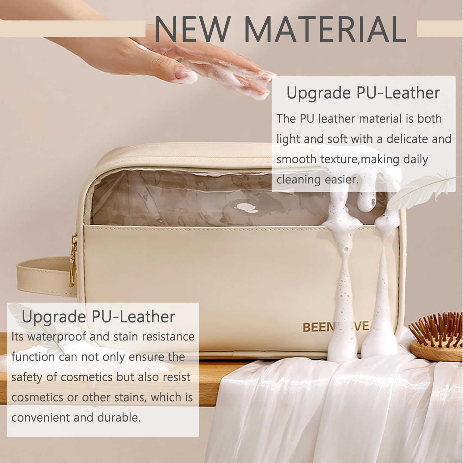 Portable Travel Waterproof Makeup Bag/Cosmetic Bag with Golden Zip for Women and Girls/Wide Open Cosmetic Organiser Made of PU Leather with Side Handle/Nail Polish & Makeup Brush, Navy, 25CM image number 3