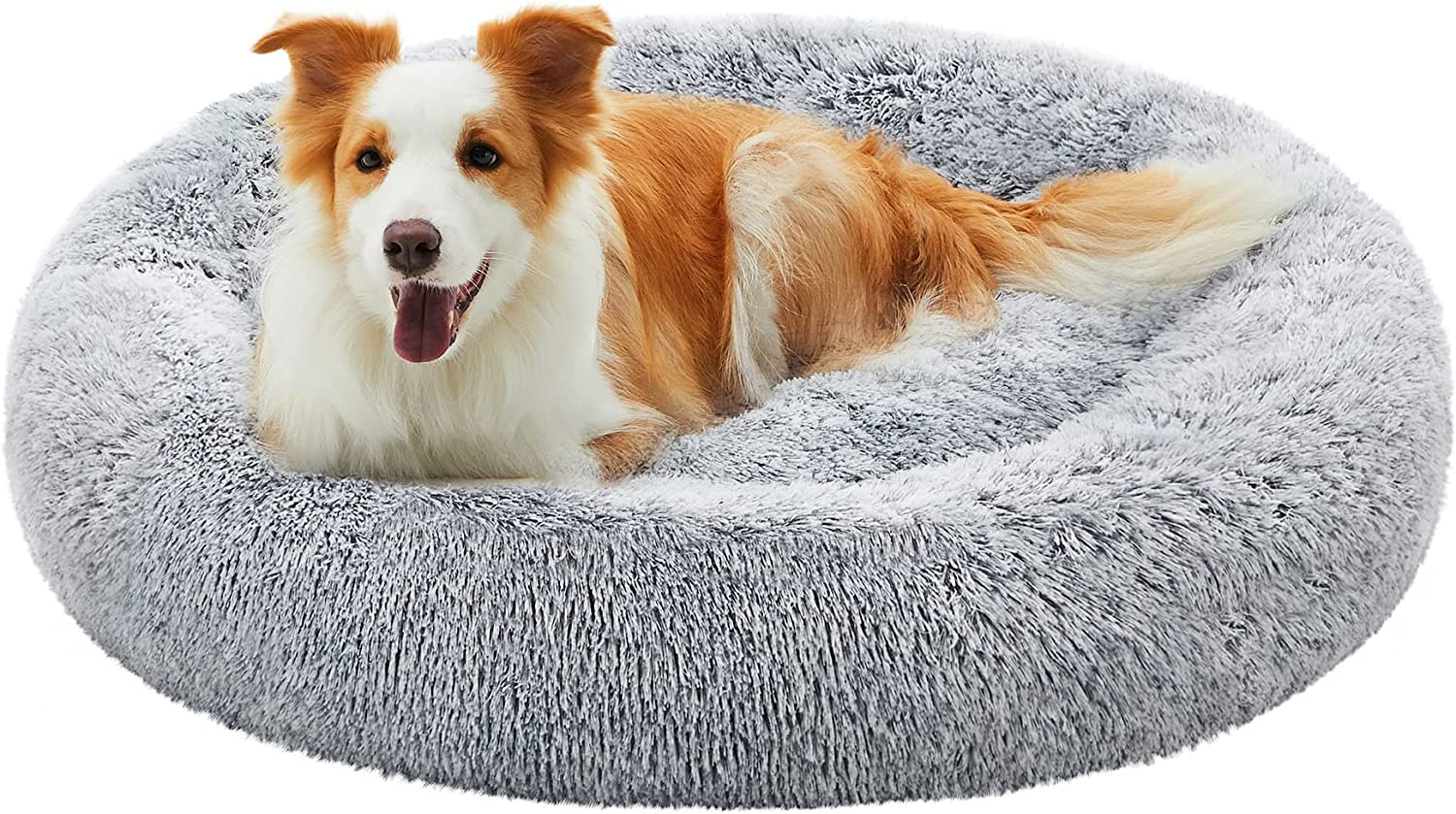 Feandrea Fluffy Dog Bed, Cat Bed, Doughnut Cushion, Washable, Removable Padding in the Centre, Long Plush, 50 Cm Diameter, Ombre Grey PGW037G01