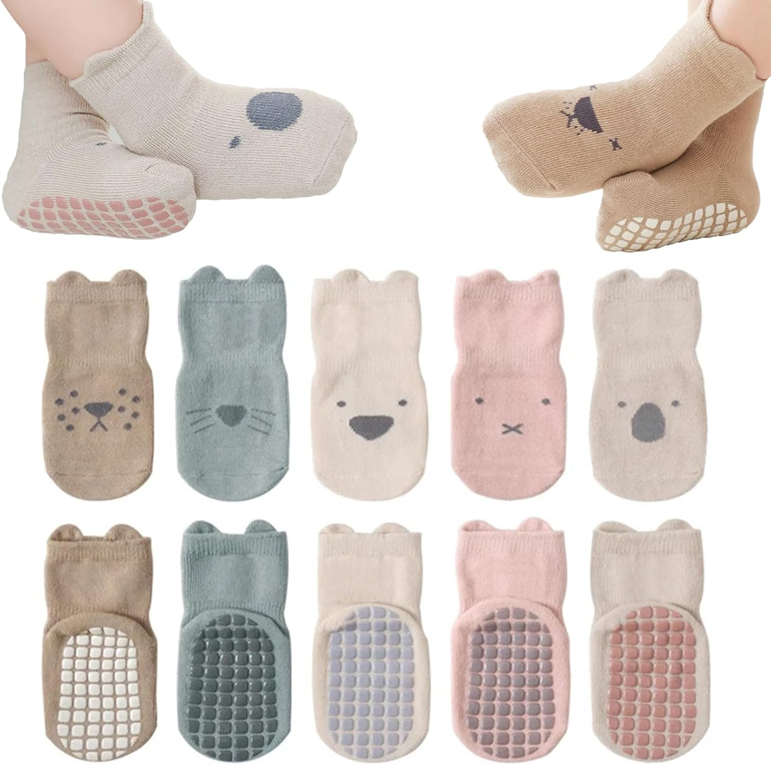 5 Pairs Unisex Baby Non Slip Grip Socks,Infants Floor Ankle Socks anti Skid Crawling Socks for Baby Boys Girls for 1-3Years image number 3