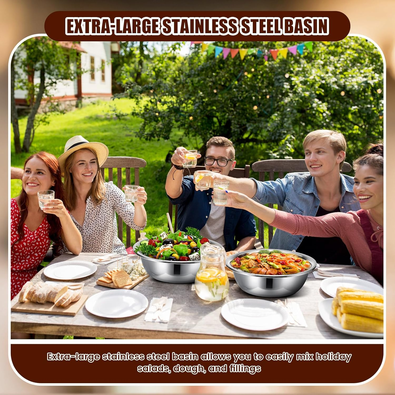 Nuogo 4 Pcs Stainless Steel Mixing Bowls Metal Mixing Bowls Extra Large Basin Salad Basin Deeper Edge Dishwasher Safe Mirror Finish for Home and Commercial, Silver (13 Inch 8 Qt) image number 5